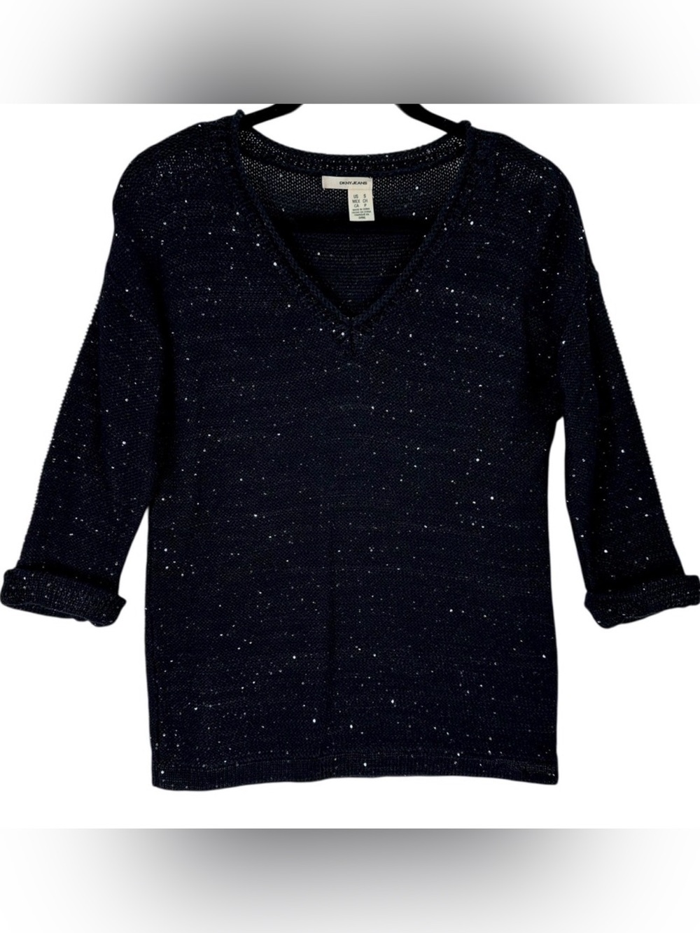 DKNY Jeans Black‎ Sequin V-Neck Sparkly Beads Knit Top Women's Size S 3/4 Sleeve